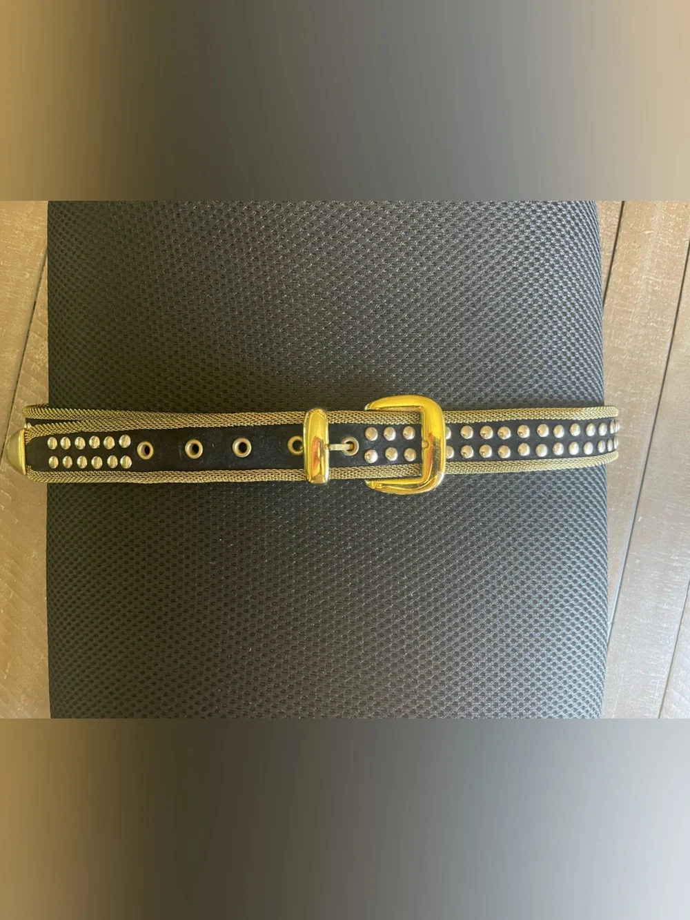 Donna Katz vintage Black and Gold Studded Women's Belt with Gold Buckle 40”